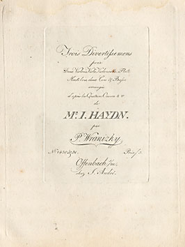 Title page of Wranitzky's arrangments of Haydn string quartets as published by André. 